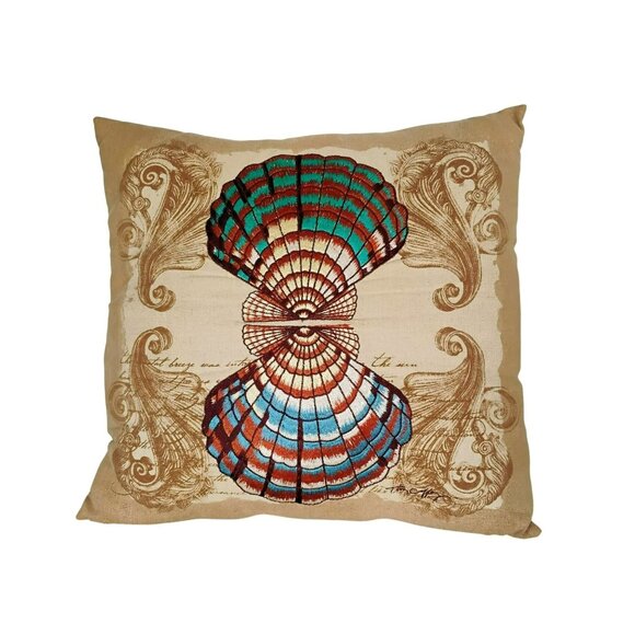 Decorative Coastal Seashell Throw Pillow, 16x16, Embroidered Linen Blend, Zipper - Picture 1 of 9